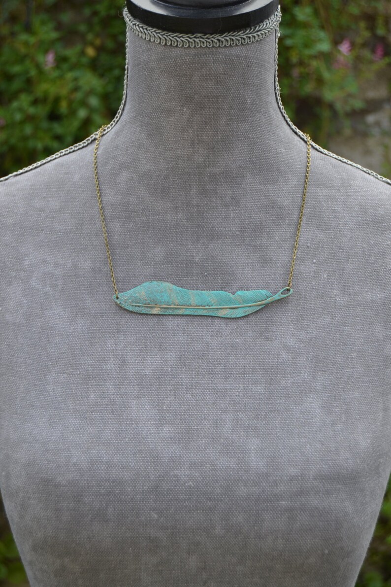 Sideways feather necklace, statement boho green necklace, rustic blue green patina jewelry, bohemian feather jewelry, unique gift for woman image 4