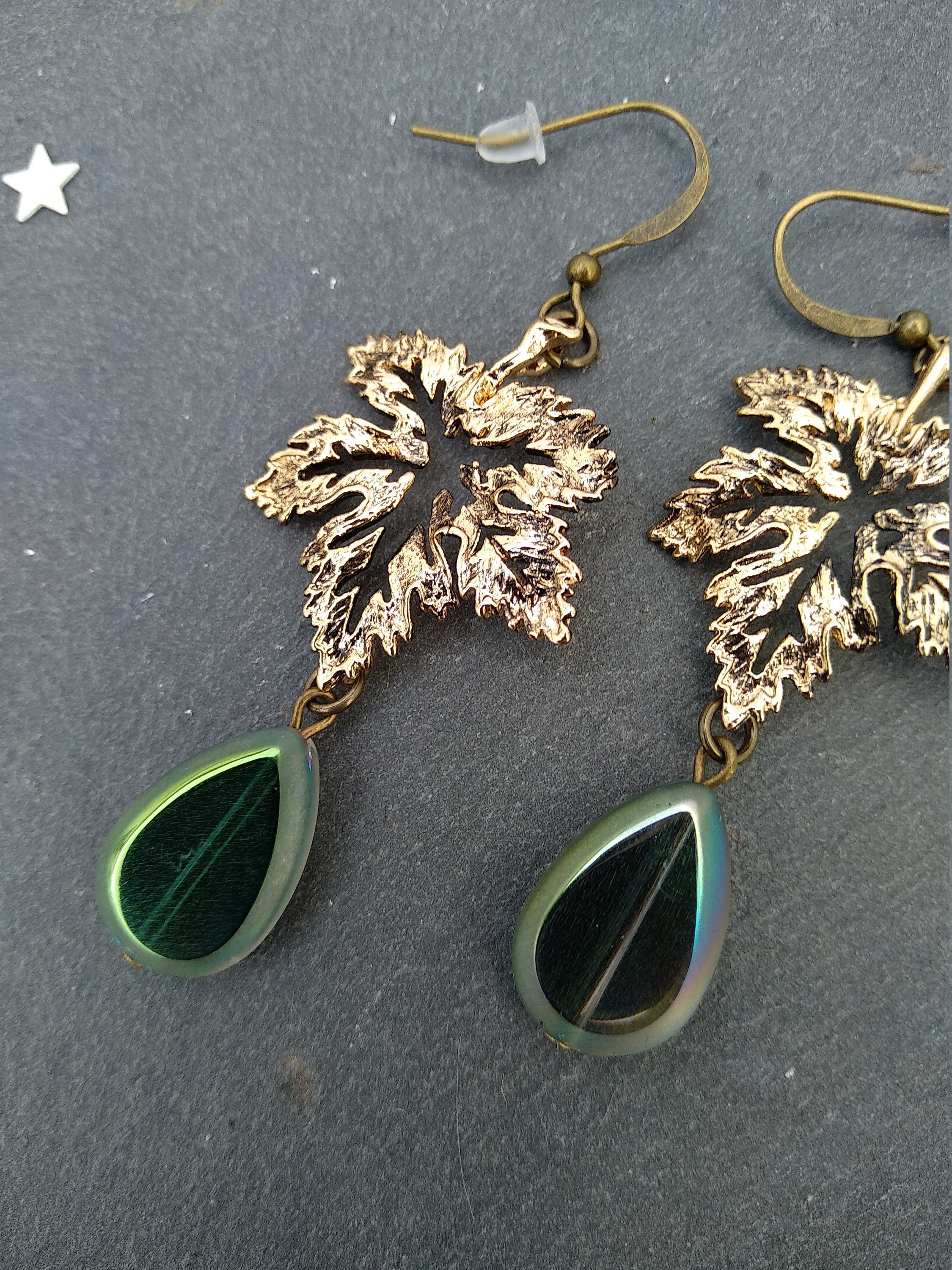 Gold Leaf Earrings Rustic Brass Hooks Iridescent Emerald | Etsy