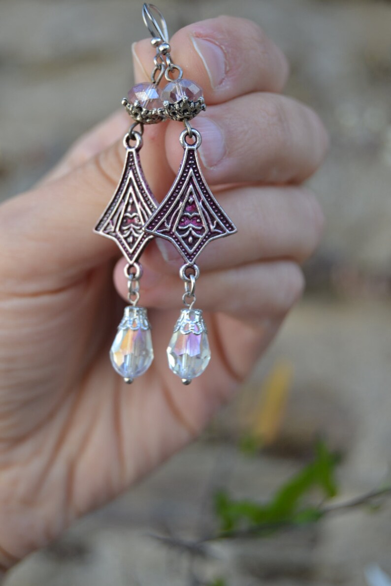 Art Nouveau earrings silver Art Deco earrings purple crystal earrings long dangle clear crystal drop earrings Art Nouveau jewelry