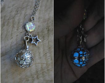 Glowing stars necklace star locket necklace Galaxy ball locket necklace white opal locket necklace silver stars necklace