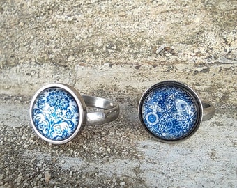 Blue Floral Porcelain Style Ring, Stainless Steel Adjustable Band, photo glass ring