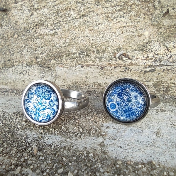 Blue and white porcelain rings, glass drawing cabochon floral blue and white ring blue ceramic ring, blue and white china, portuguese tile