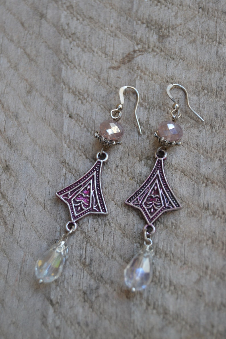 Art Nouveau earrings silver Art Deco earrings purple crystal earrings long dangle clear crystal drop earrings Art Nouveau jewelry