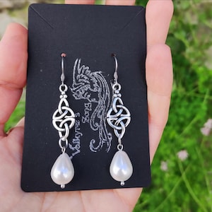 Silver Celtic Knot Earrings: Pearl Drop, Stainless Steel