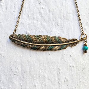 Sideways feather necklace, statement boho green necklace, rustic blue green patina jewelry, bohemian feather jewelry, unique gift for woman image 7