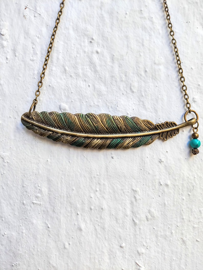 Sideways feather necklace, statement boho green necklace, rustic blue green patina jewelry, bohemian feather jewelry, unique gift for woman image 7