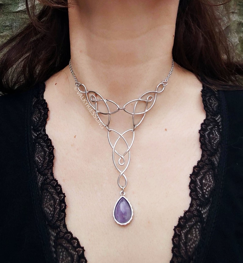 Amethyst celtic knot choker necklace, silver celtic necklace with amethyst drop, statement amethyst necklace, fairycore renfaire accessories image 1