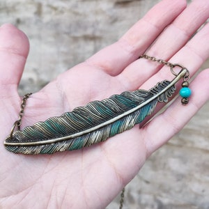 Sideways feather necklace, statement boho green necklace, rustic blue green patina jewelry, bohemian feather jewelry, unique gift for woman image 8