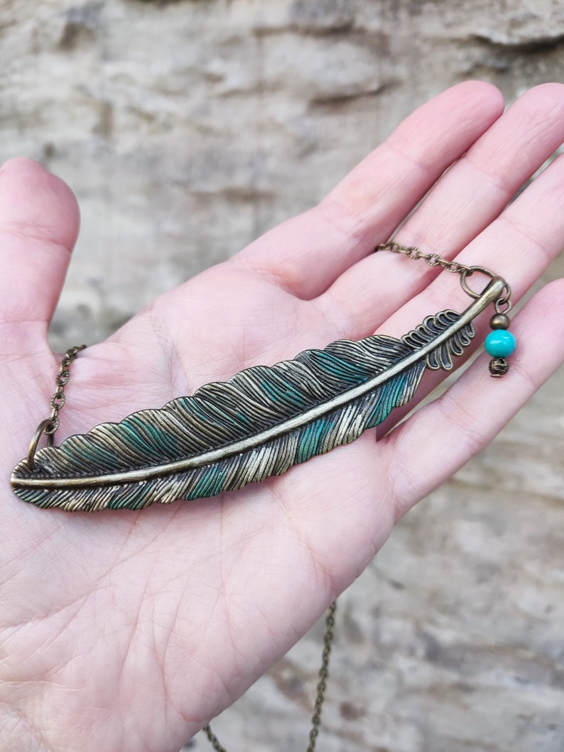 Sideways feather necklace, statement boho green necklace, rustic blue green patina jewelry, bohemian feather jewelry, unique gift for woman image 8