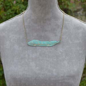 Sideways feather necklace, statement boho green necklace, rustic blue green patina jewelry, bohemian feather jewelry, unique gift for woman image 2