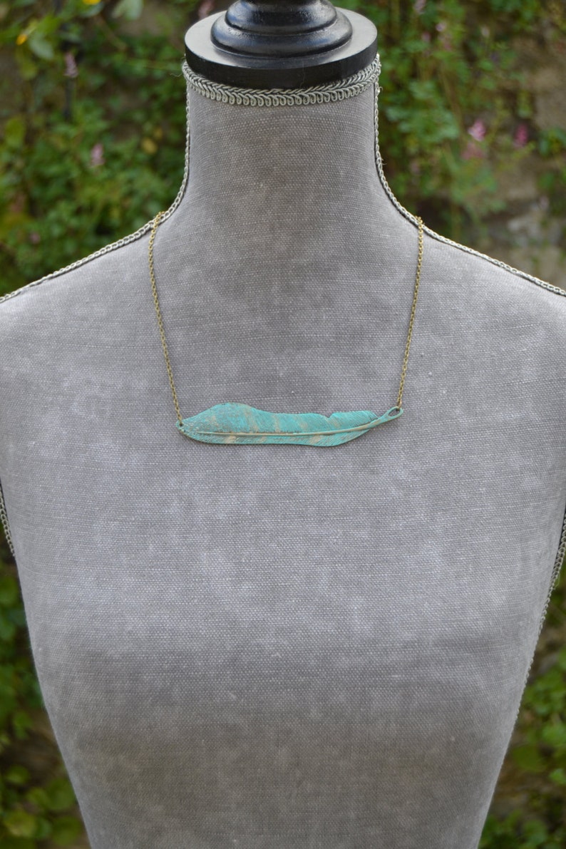 Sideways feather necklace, statement boho green necklace, rustic blue green patina jewelry, bohemian feather jewelry, unique gift for woman image 2