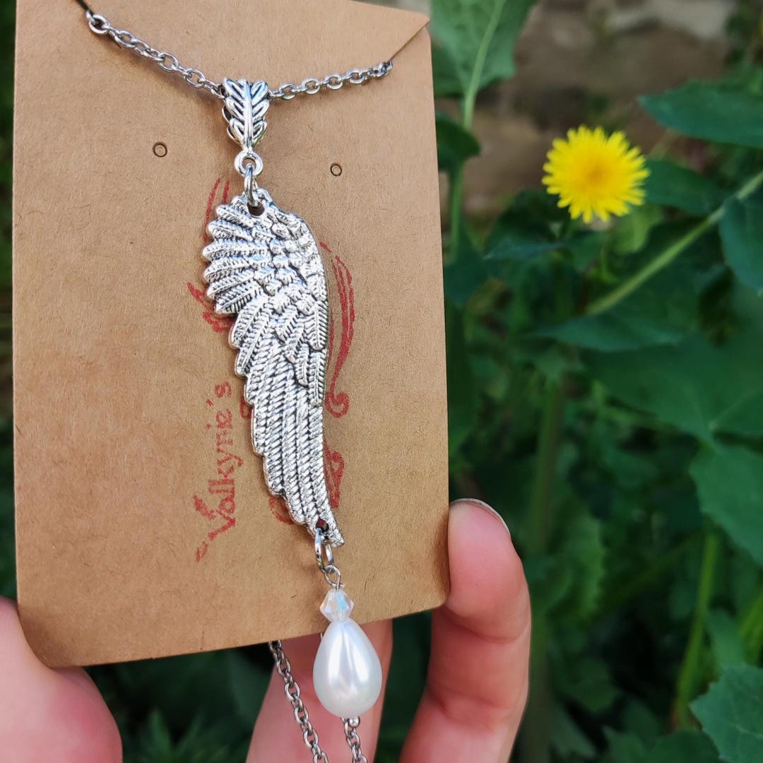 Angel Wing Necklace With Glass Pearl Drop Silver Wing Pendant Necklace — free download