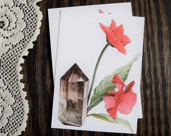 Smoky Quartz and Poppy Flowers Botanical Illustration, 5x7 Fine Art Print