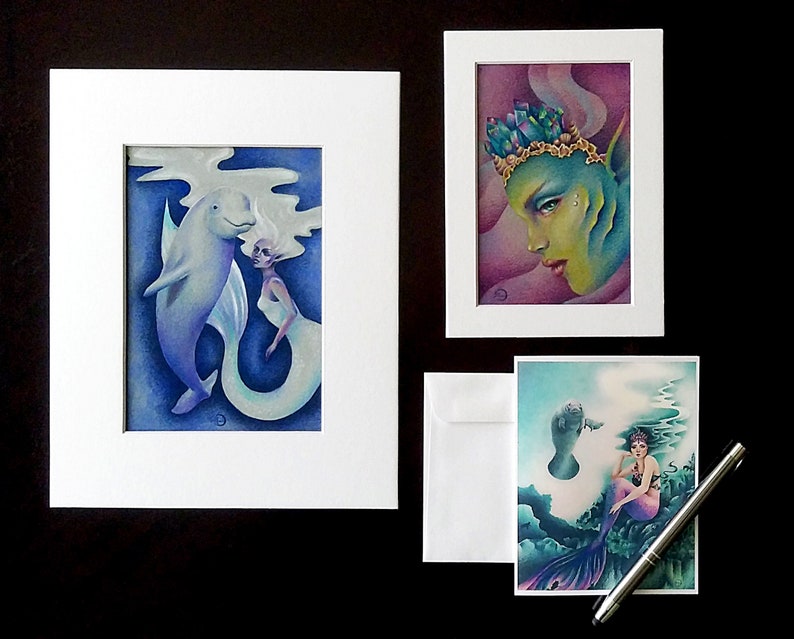 Folded Note Card of Mermaid and Manatees