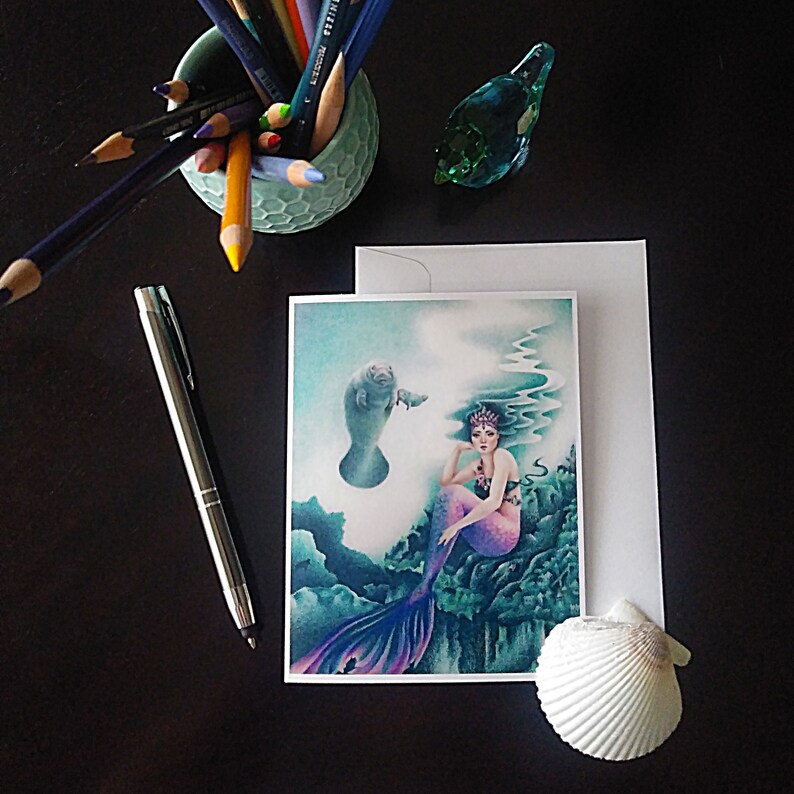 Folded Note Card of Mermaid and Manatees