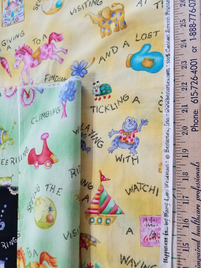 Cotton Fabric Happiness Is.. 6 different pieces by Mary Lou Weidman Benartex Cotton Screen Prints Style 2114 and 2119 Laundered Non Smoking