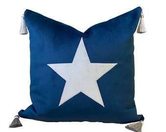 Blue and grey velvet star cushion