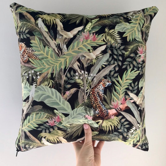 Velvet Palm Leaves Print Cushion | Jungle Print Cushion | Tropical Leaf Print | Leopard Pillow |