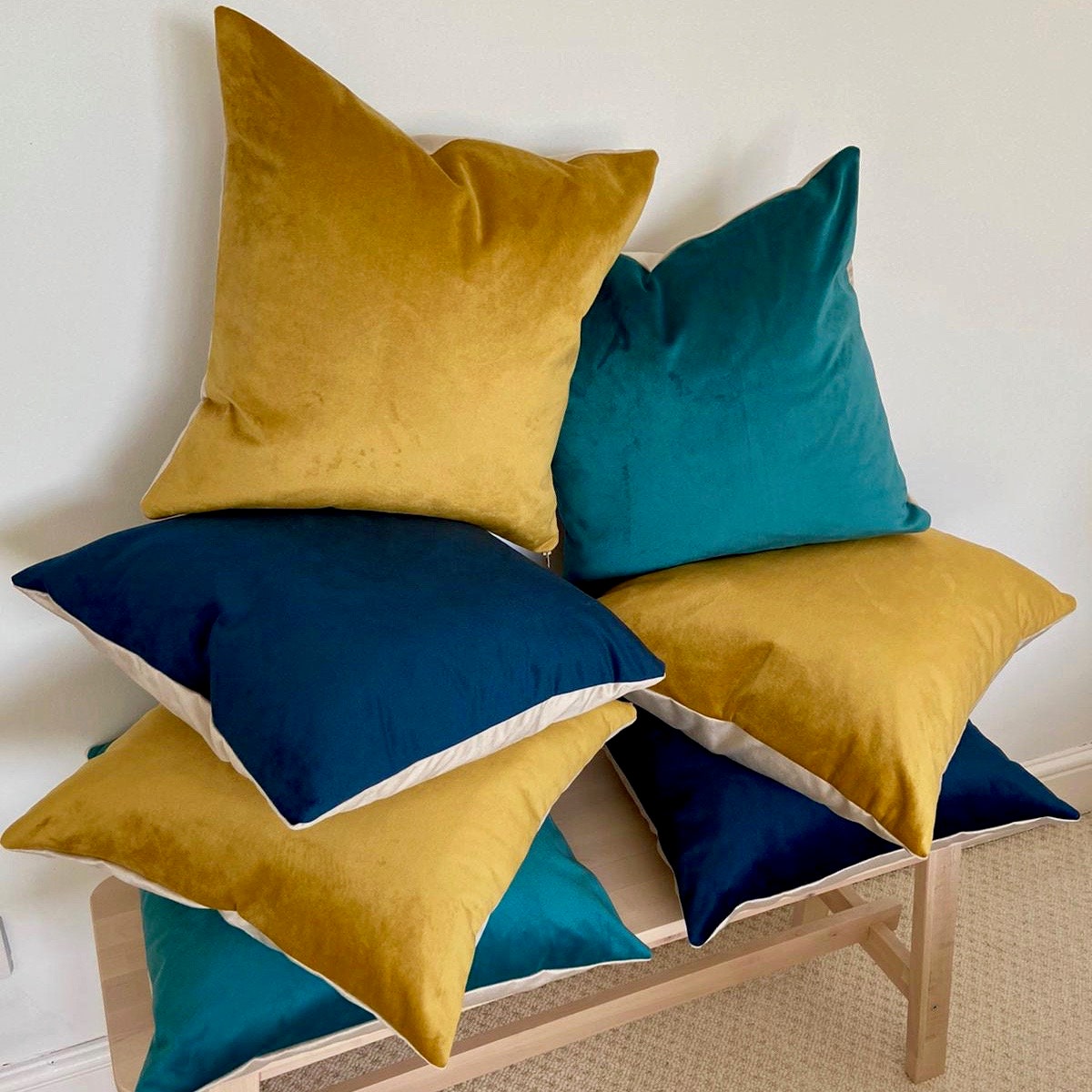 Luxury Handmade Velvet Cushion Covers Navy Blue Teal and Mustard Etsy UK
