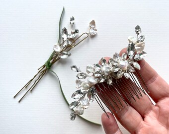 ROSA // Luxury natural pearl and crystal flower bride comb with pins wedding modern delicate comb set. Handcrafted in the UK. Ready to ship