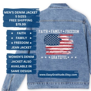 Denim Jacket Men, Fathers Day Gifts, Gifts for Him, USA Patriotic, Independence Day, Classic Denim, Daughter Dad Gifts, Gifts for Grandpa