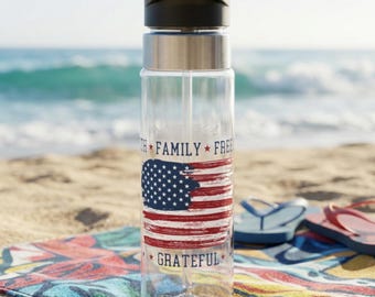 Faith Family Freedom Grateful Patriotic Sport Water Bottle, 20oz, 4th of July Spirit, Lid with Straw