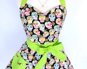 Day of the Dead Sugar Skulls Retro Apron with Chartreuse Lime Green Rockabilly