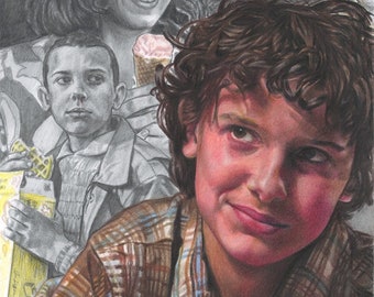 Print of Stranger Things "Eleven" (Millie Bobby Brown) Colored Pencil / Graphite Drawing