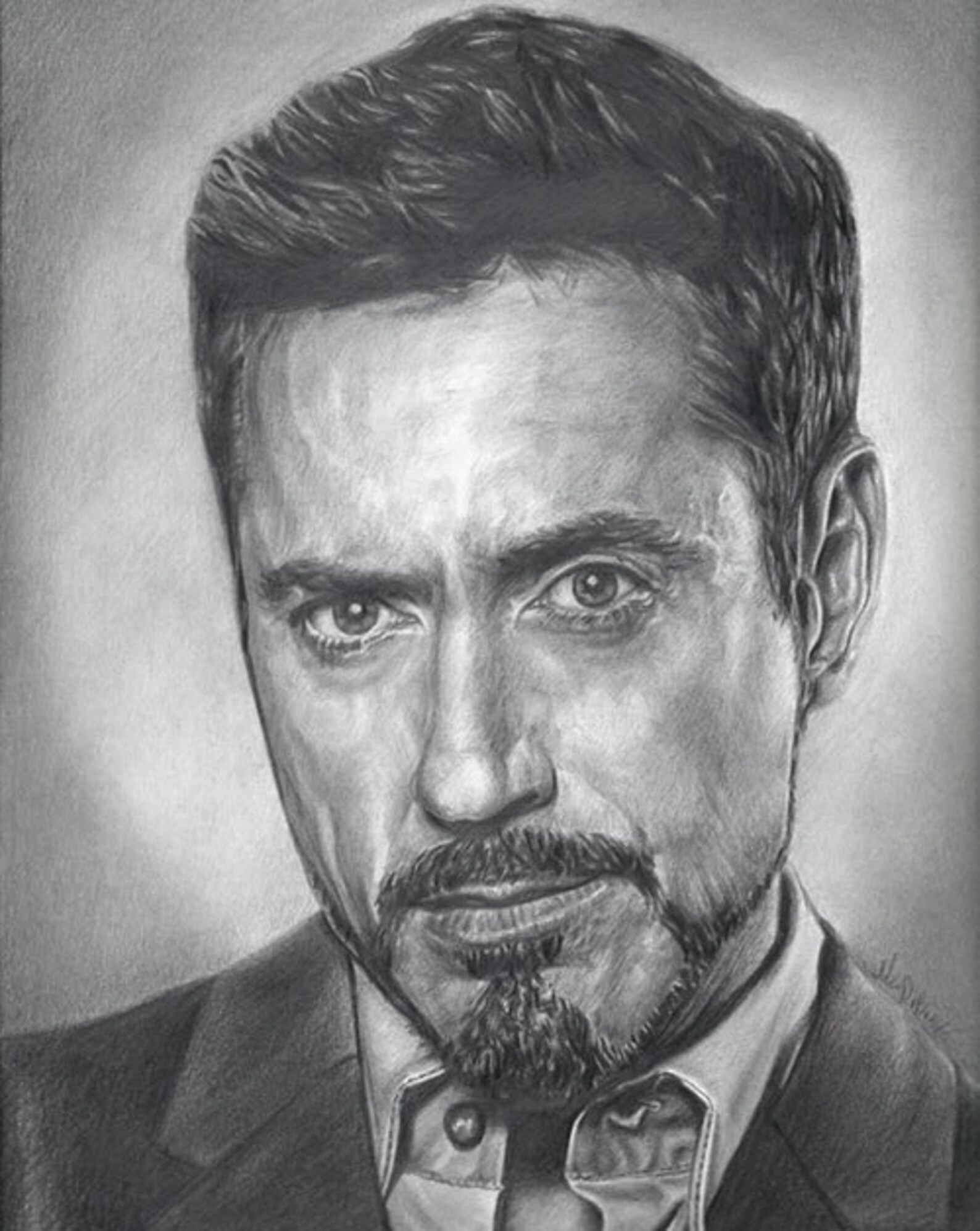 Drawing Print of Robert Downey Jr. as Tony Stark in Iron Man 3.