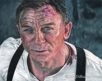 James Bond Daniel Craig "No Time To Die" Looking Up Colored Pencil Drawing Print