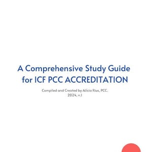 以下が含まれることがあります： 「A Comprehensive Study Guide for ICF PCC ACCREDITATION」と「Compiled and Created by Alícia Rius, PCC. 2024, v.1」というテキストが書かれた青いタイトルカード。カードの下部には、青い円、黄色の円、赤い円の順に積み重ねられた3つのカラフルな円があります。