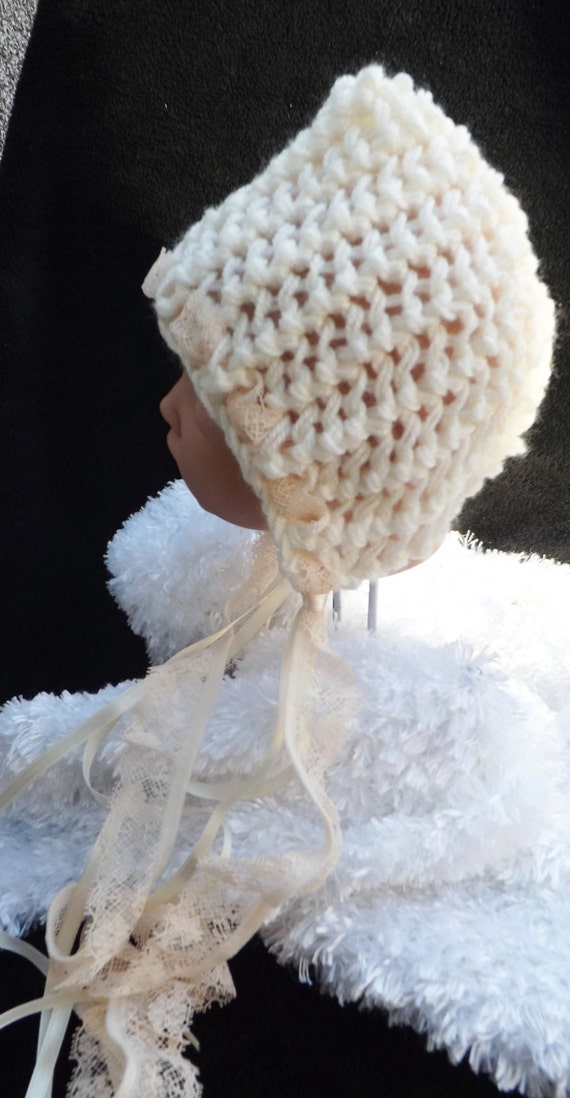 NEW LOVELY Cream Baby Infant Knitted Crochet Bonnet Pixie Beanie Hat 0-3 Months