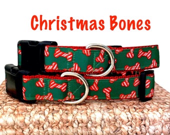 Christmas Dog Collar / Christmas Bones  Collar / Red and Green Collar / Holiday Collar / Matching Leash Available / 1 inch wide / S/M or M/L