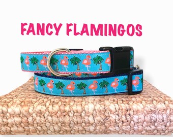 Flamingo Collar / Flamingo Dog Collar / Pink Flamingo Collar / Palm Tree Collar  /SM/Med or Med/Lg / 1 inch wide / Matching Leash Available