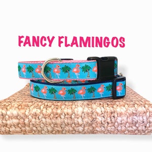 Flamingo Collar / Flamingo Dog Collar / Pink Flamingo Collar / Palm Tree Collar  /SM/Med or Med/Lg / 1 inch wide / Matching Leash Available