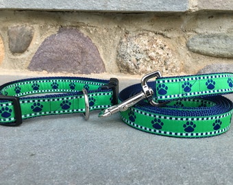 Paw Print Collar / Dog Print Collar / Paws Collar / Green Collar / Paw Print Collar / Navy and Green Collar / 1 inch Wide