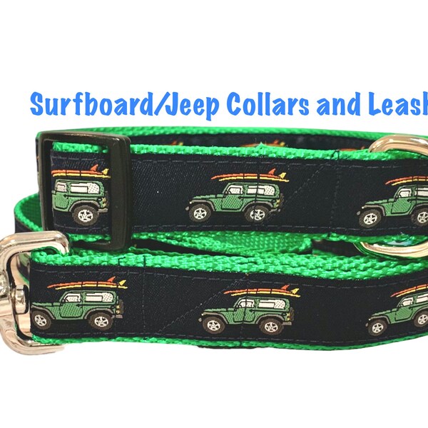 Surfboard / Jeep Collar and Leashes / Surfing Collar / Surfer Dogs  / Jeep Collar / Sm/Med or Med/Large  1 inch wide / Collar Leash Sets