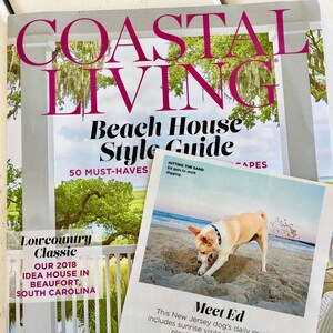 Op de afbeelding: Een tijdschriftcover voor Coastal Living met een beach house stijlguide met 50 must-haves. De cover toont een foto van een wit houten hek en een weelderig groen gazon. Het tijdschrift bevat ook een kleinere foto van een hond die in het zand graaft op een strand.