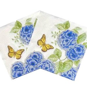 Decoupage Napkins - Napkins for Decoupage / Blue Hydrangea Paper Napkins / Butterfly napkins - Set of 3 Luncheon Napkins
