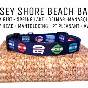 Op de afbeelding: Een blauwe hondenriem met kleurrijke pleisters met de namen van verschillende steden aan de Jersey Shore, waaronder Sea Girt, Spring Lake, Belmar, Manasquan, Bay Head, Mantoloking, Pt Pleasant en Avon. De riem is gemaakt door Be Ribbon.
