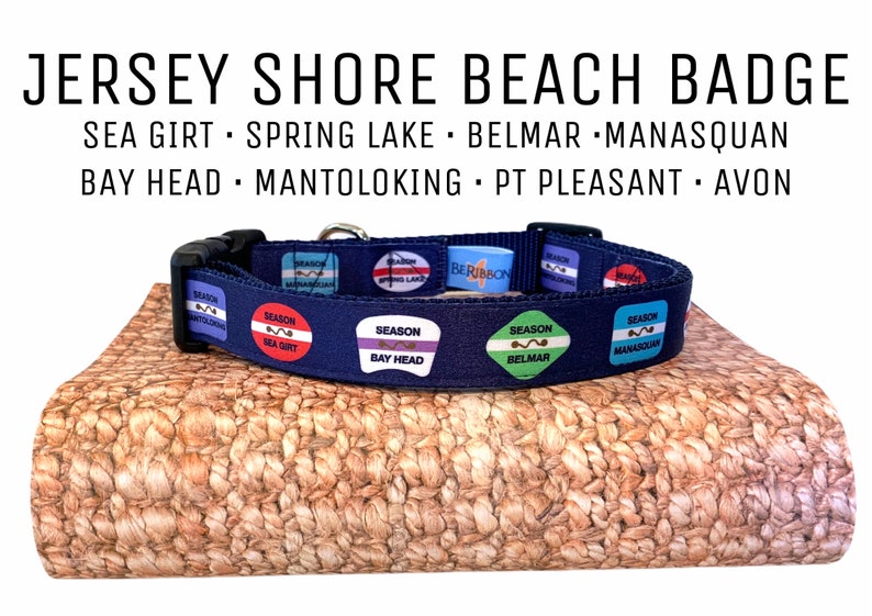 Op de afbeelding: Een blauwe hondenriem met kleurrijke pleisters met de namen van verschillende steden aan de Jersey Shore, waaronder Sea Girt, Spring Lake, Belmar, Manasquan, Bay Head, Mantoloking, Pt Pleasant en Avon. De riem is gemaakt door Be Ribbon.