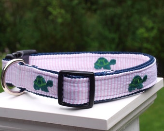 Turtle Collar / Green Turtles / Seersucker Collar  / Embroidered  - Adjustable 1.25 Inch Wide  Med/Large ONLY