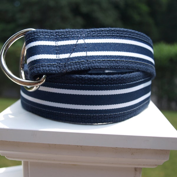 Nautical Belt / Striped Belt / Navy and White Stripe Belt / Ribbon Belt / Canvas Belt  Mens Sizes