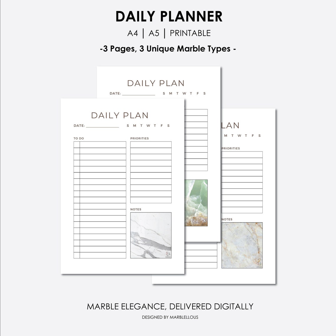 Marble Daily Planner Printable A5 & A4 Sizes Unique - Etsy