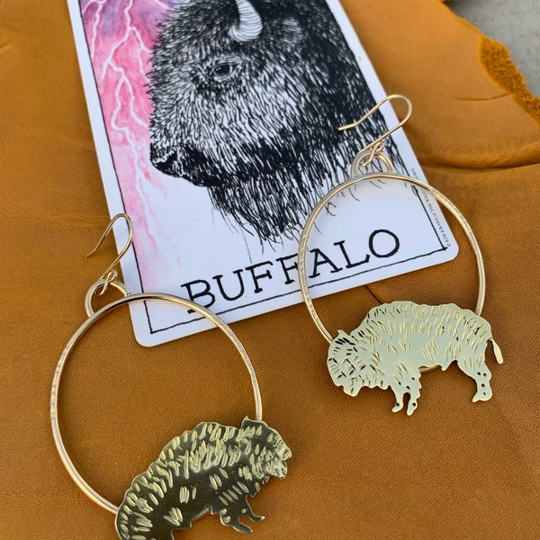 Buffalo Earrings, gold bison earrings, animal spirit earrings, spirit animal jewelry