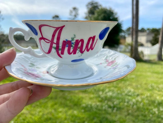Vintage Personalized Tea Cup and Saucer Set - Bone White - English Tea Cup