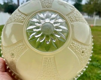 Vintage 1950s Art Nouveau 3 Chain Glass Shade Lighting Fixture - Cream and Clear Floral Design