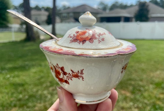 Vintage Sugar Bowl - Antique Condiment Bowl - Hand Painted