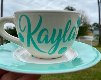 Mint Green Personalized Tea Cup and Saucer Set -  choose name -  tea party