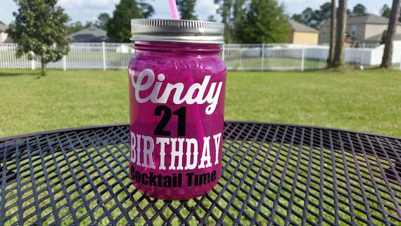 21st BIRTHDAY PARTY Mason Jar Sippy Tumbler - Choose Color - Pink White Black Glass - Personalized Glass with Birthday Name - Mason Jar Gift